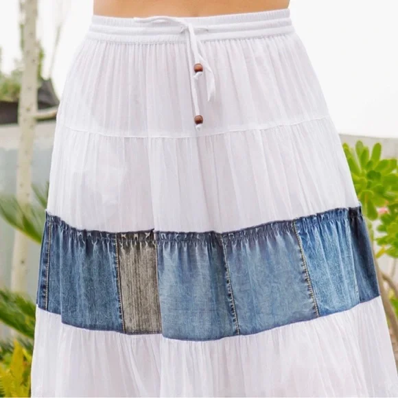 Young Threads Denim Patchwork Tiered Maxi Skirt XL Boho - Picture 6 of 6